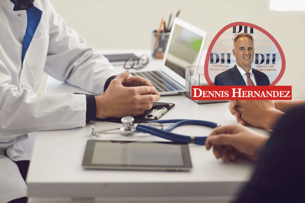Doctor consulting with a patient after a Florida car accident, highlighting the importance of timely medical care with support from Dennis Hernandez, personal injury lawyer.