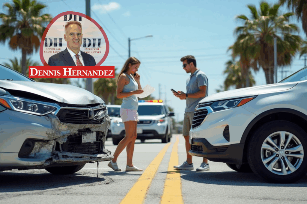 Two drivers exchange information after a car accident on a sunny Florida street, with police in the background. Optimized for Dennis Hernandez Injury Attorneys, experienced Florida car accident lawyers guiding victims through no-fault insurance claims, legal help, and injury compensation. accidente de auto