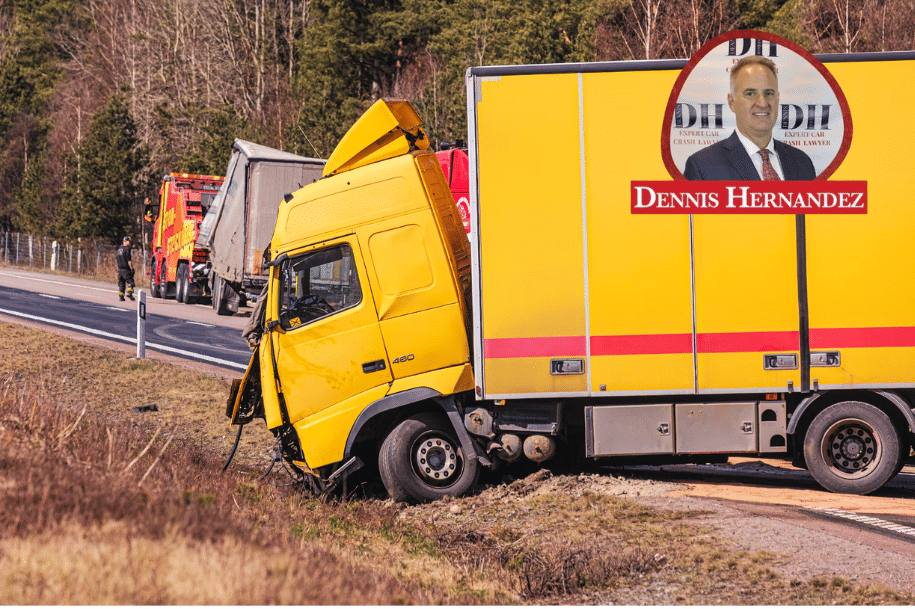 Yellow semi-truck involved in roadside accident in Florida, promoting legal help from Dennis Hernandez Injury Attorneys.