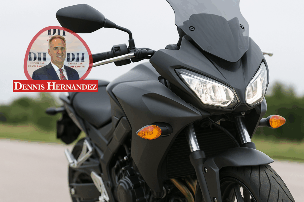 Modern motorcycle headlight and turn signal illuminated in low light.