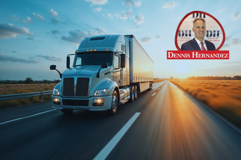 Modern semi-truck driving at high speed on a highway at sunrise, with a portrait of attorney Dennis Hernandez and his law firm logo in the top right corner.