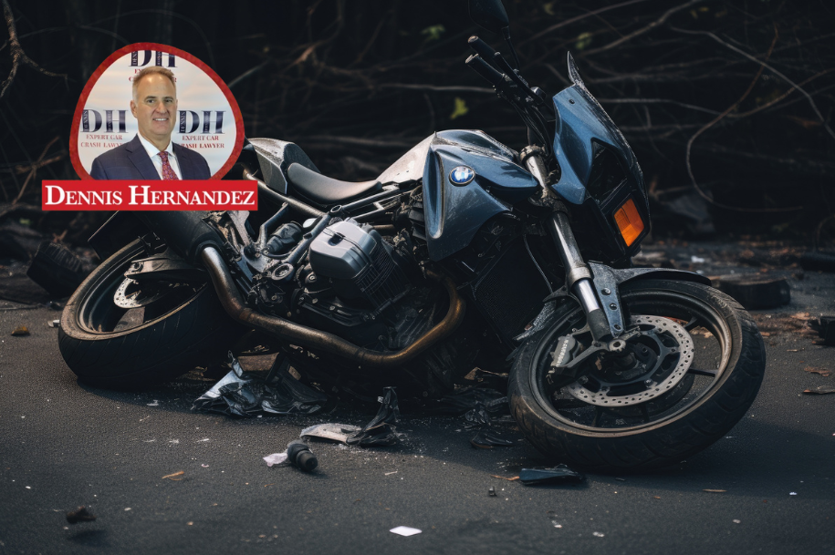 Wrecked BMW motorcycle lying on its side after a crash on a road, surrounded by debris, with an inset photo of attorney Dennis Hernandez and his firm’s logo.