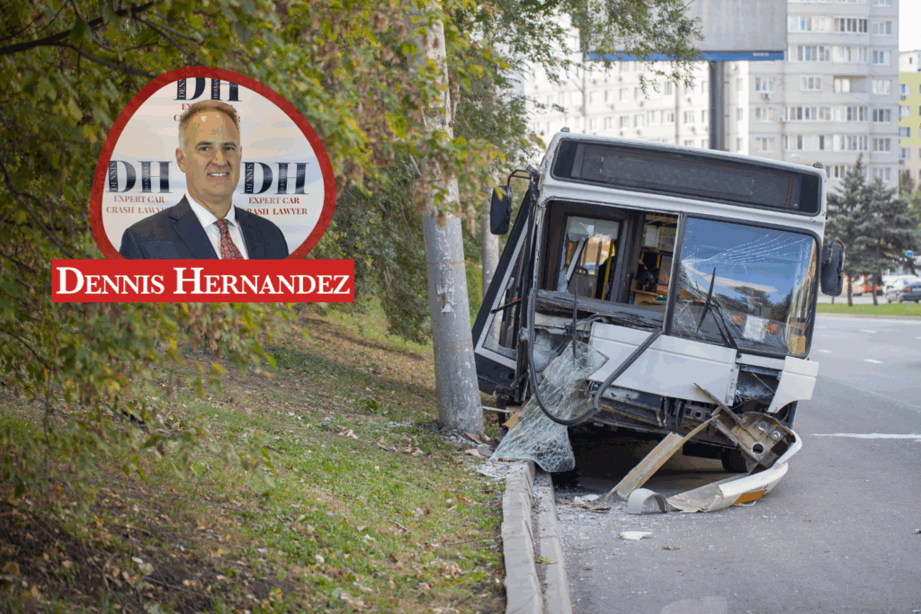 Bus accident scene in Florida showing a damaged bus on a city street, accompanied by Dennis Hernandez Injury Attorney branding.
