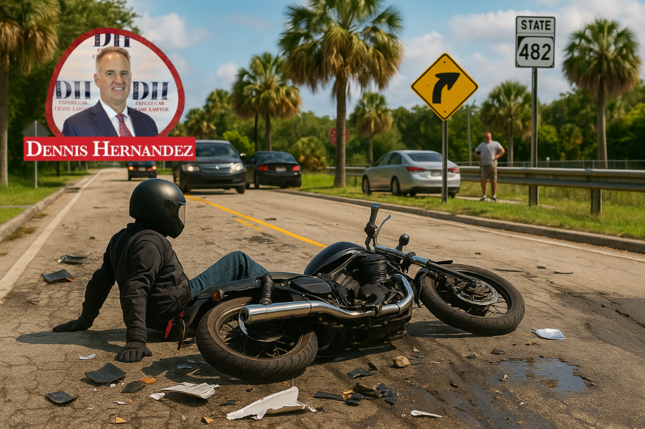 Injured motorcyclist sits on the road after a crash on State Road 482, surrounded by scattered debris and oncoming traffic, with Dennis Hernandez’s photo and firm logo in the corner.