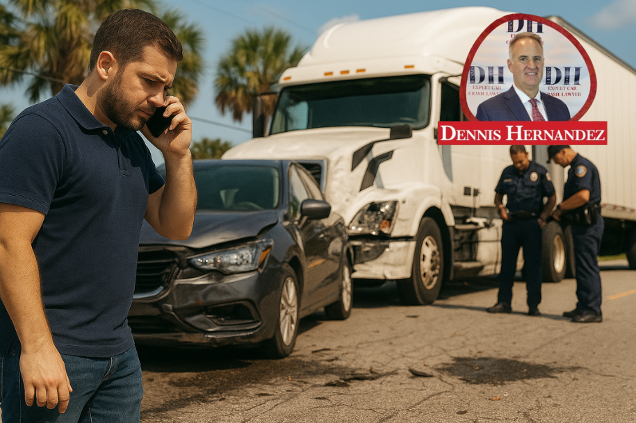 Man on the phone after a car accident involving a semi-truck, with visible vehicle damage and police officers on scene; Dennis Hernandez branding appears in the top right corner.