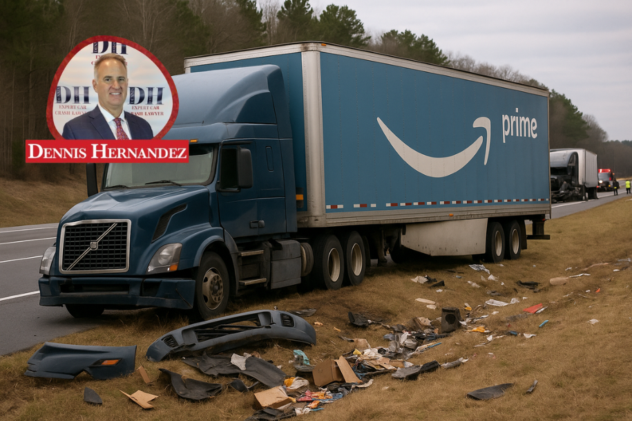 Amazon Prime semi-truck crashed off the highway shoulder, with debris scattered in the grass and a branded inset of attorney Dennis Hernandez in the corner.