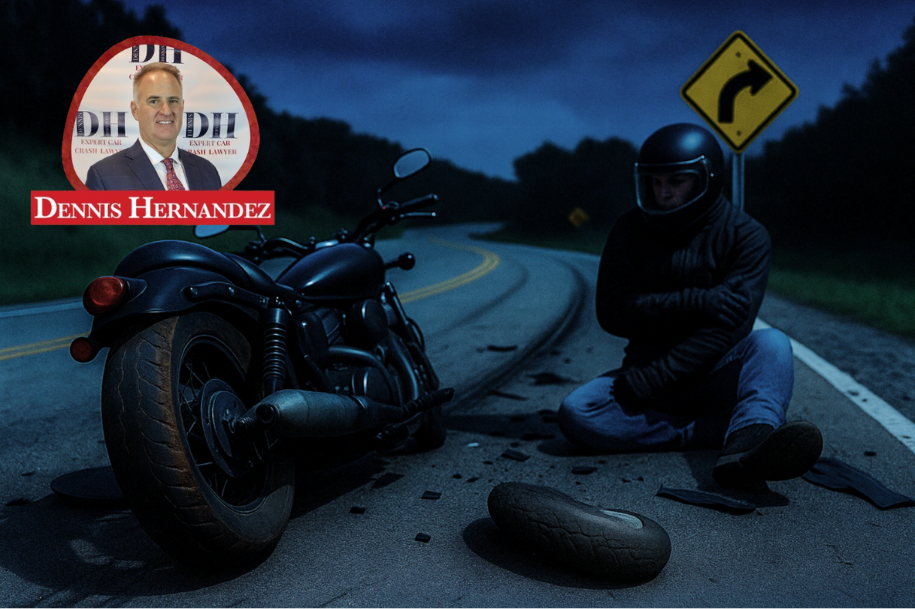 Motorcycle accident scene at night showing a rider sitting injured near a damaged bike with worn tires and road debris, alongside a curved road sign and Dennis Hernandez Injury Attorneys logo.