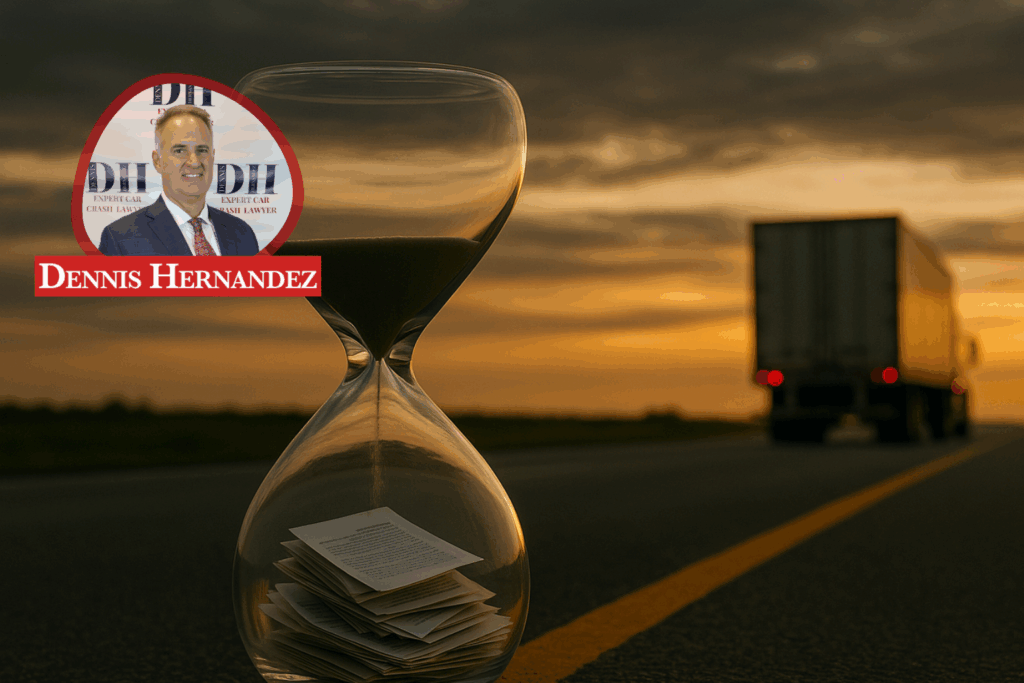 A symbolic image showing an hourglass filled with legal documents on a Florida highway at sunset, with an 18-wheeler truck driving away, representing the timeline of settlement in Florida truck accident cases.