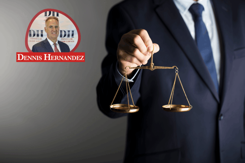 Attorney in suit holding justice scales with Dennis Hernandez logo – Florida personal injury law. Truck accident Lawyer