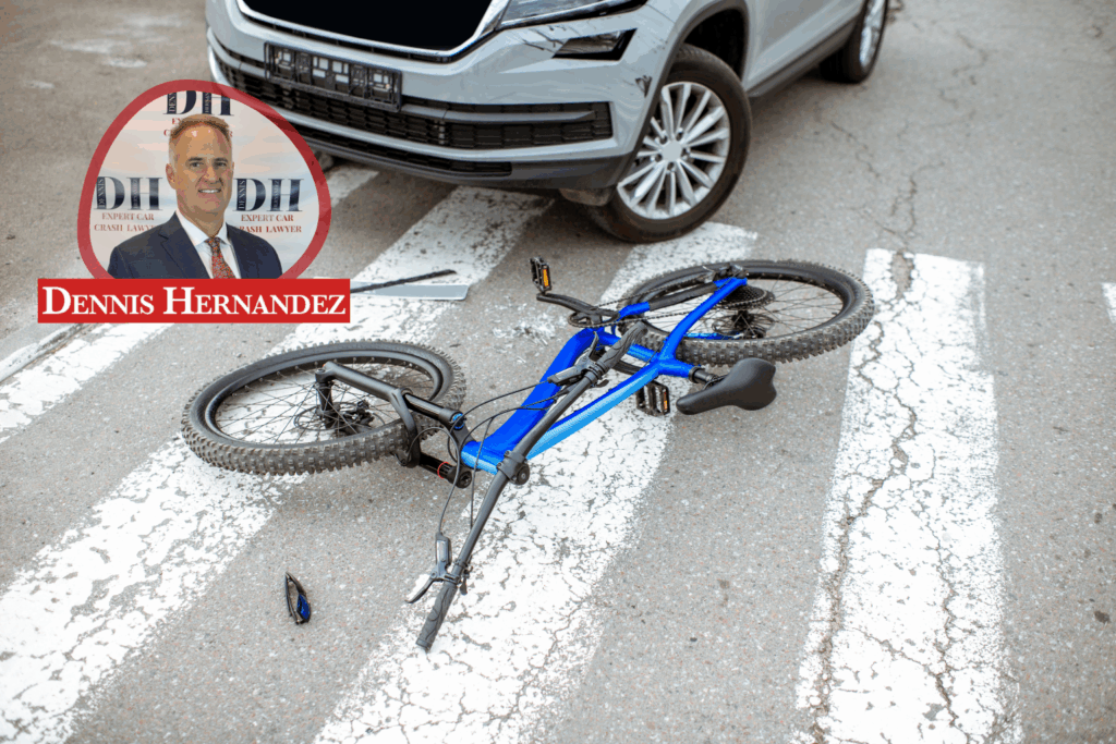 A damaged bicycle on a Florida crosswalk after a collision with a car, symbolizing the aftermath of a bicycle accident and the insurance issues victims may face.
