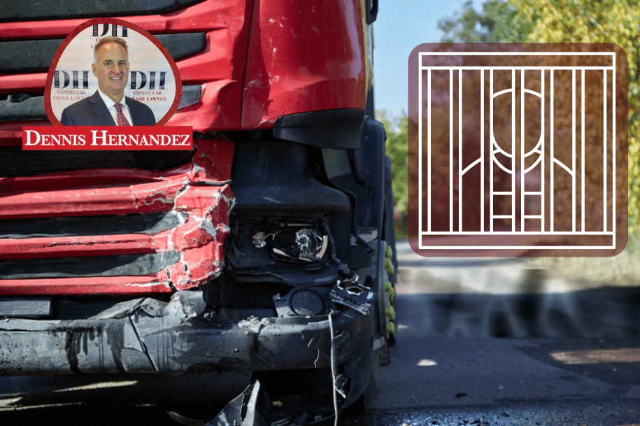 Front-end damage on a red semi-truck after a crash, with an overlay icon of a person behind jail bars and Dennis Hernandez Injury Attorneys logo.