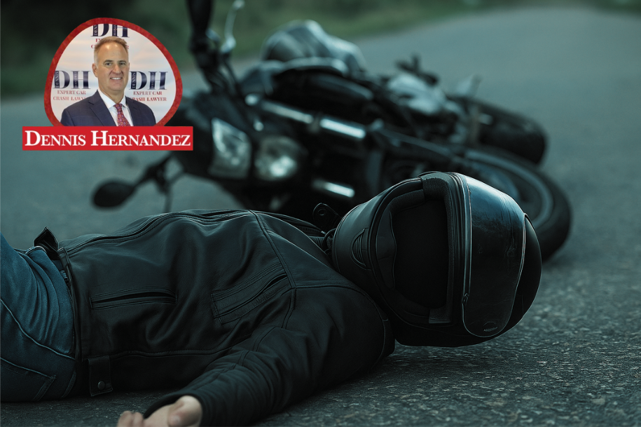 Motorcyclist wearing a helmet lying motionless on the road after a crash, with a motorcycle overturned in the background and Dennis Hernandez Injury Attorneys logo in the top corner.