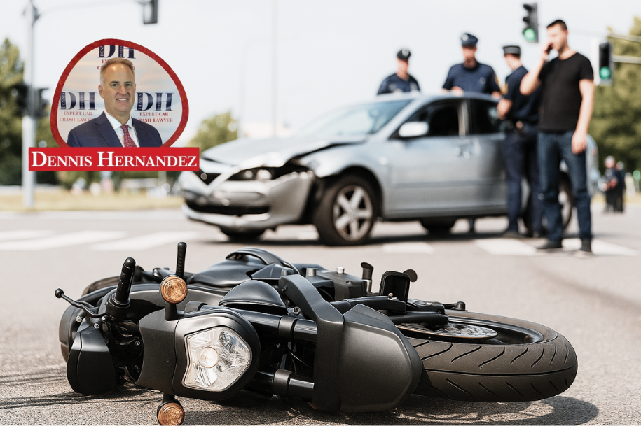 Motorcycle lying on its side in the street after a crash with a car, police officers and bystanders in the background, with Dennis Hernandez Injury Attorneys logo.