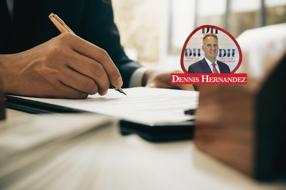 Close-up of a person signing legal documents at a desk, representing an Eyewitness Testimony in Motorcycle Accidents, with Dennis Hernandez Injury Attorneys branding.