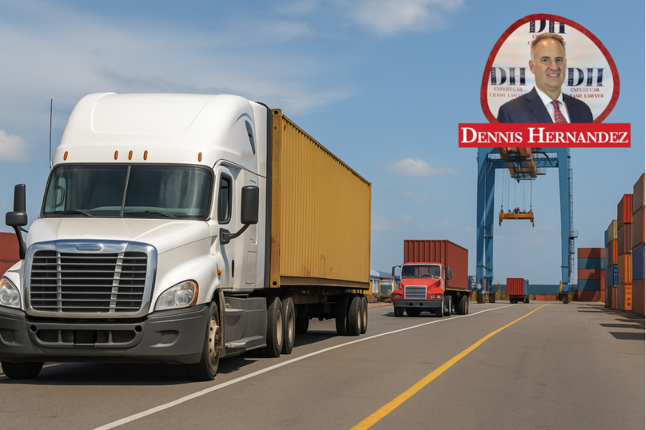 Semi-trucks transporting shipping containers at a busy intermodal freight terminal under clear skies.