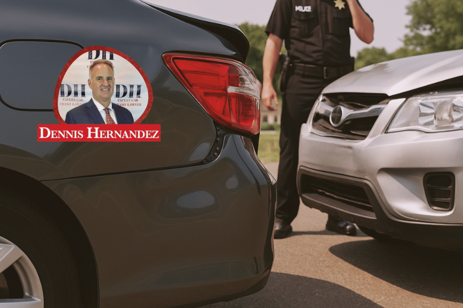 Rear-end collision involving two vehicles with police officer on the scene and Dennis Hernandez Injury Attorneys logo overlay.