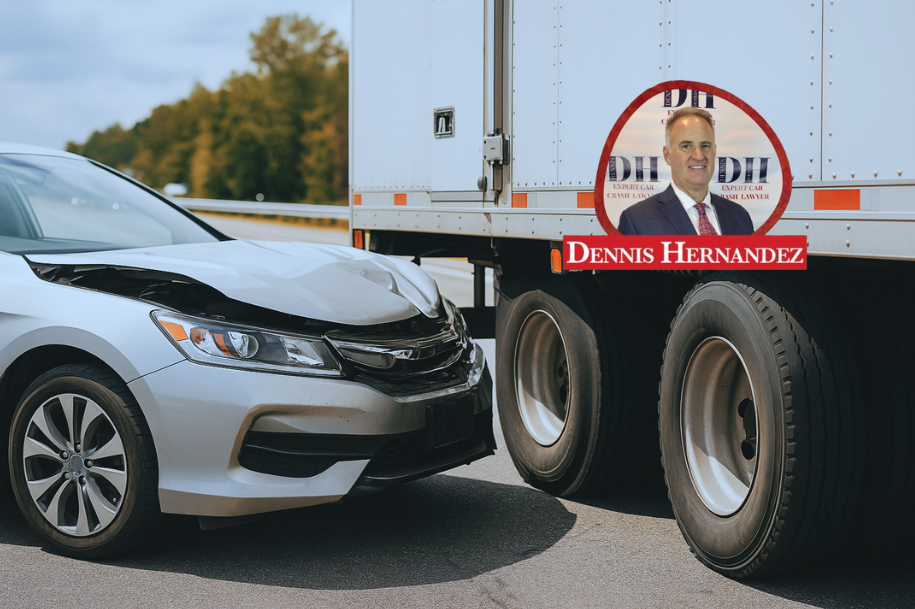 Front-end car damage after crashing into the side of a semi-truck trailer, with Dennis Hernandez Injury Attorneys logo included.