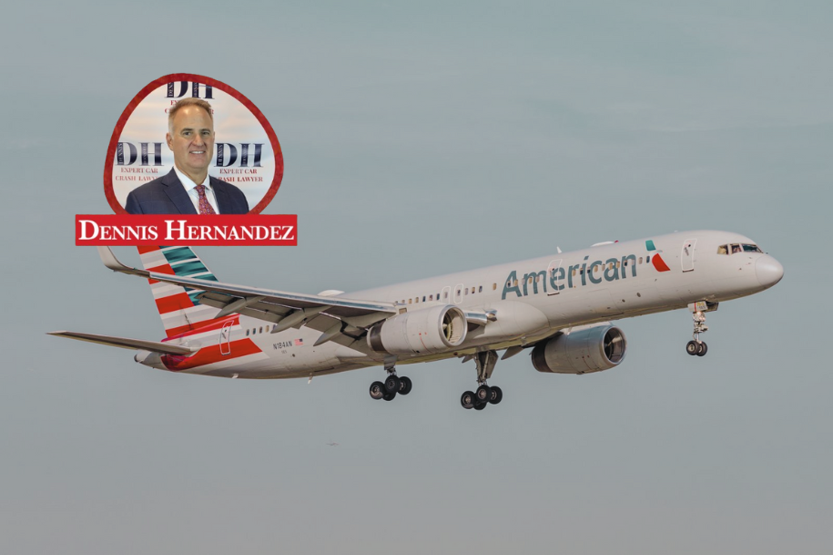 American Airlines commercial airplane in flight with Dennis Hernandez Injury Attorneys logo overlay.