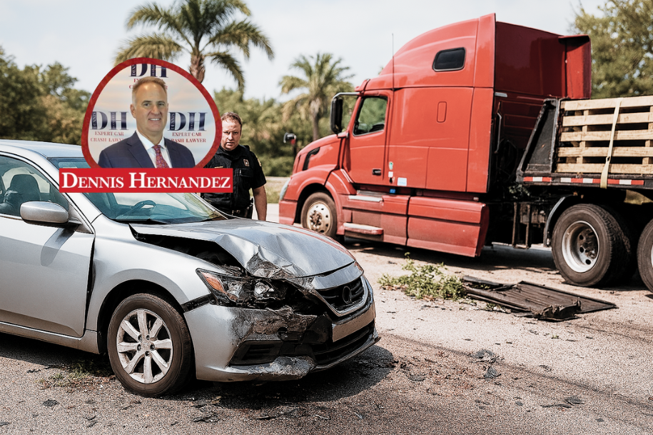 Damaged silver car and red semi-truck after crash, with police officer at the scene and Dennis Hernandez Injury Attorneys logo overlay.