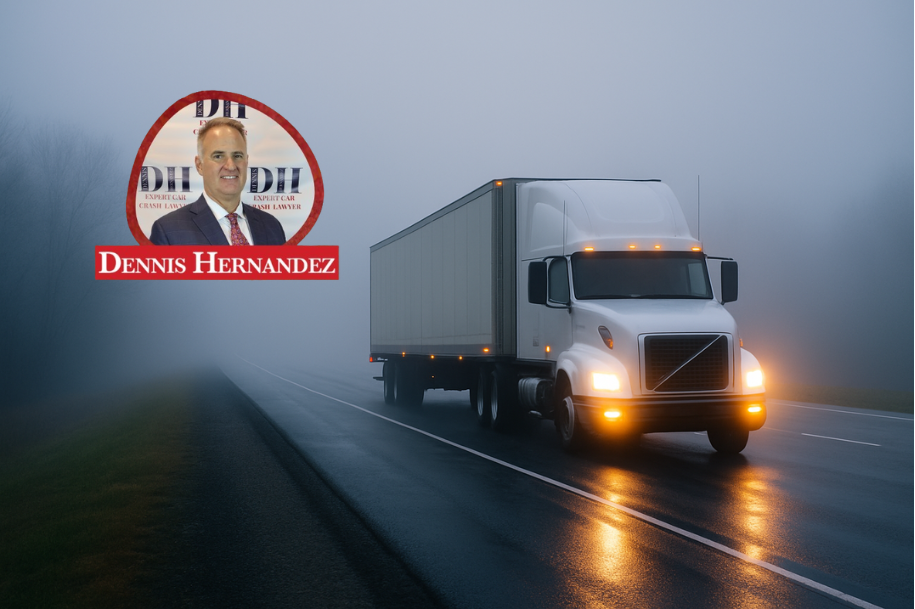 Semi-truck with lights on driving through heavy fog on a wet road.