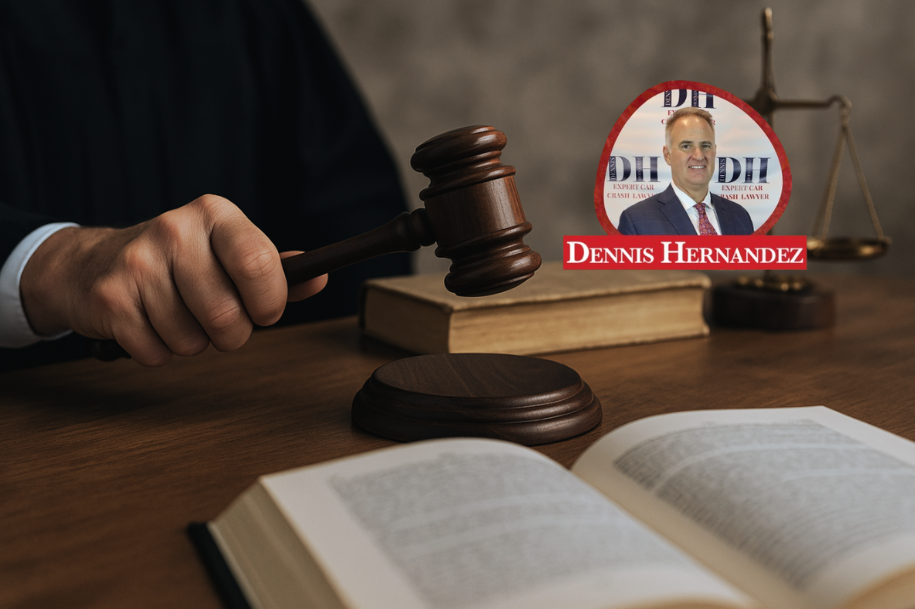 Close-up of a judge’s gavel being struck in a courtroom beside legal books, with the Dennis Hernandez Injury Attorneys logo displayed.