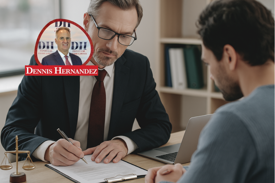 Attorney consulting with a client while reviewing legal documents at a desk, with the Dennis Hernandez Injury Attorneys logo featured. Personal Injury Interrogatory