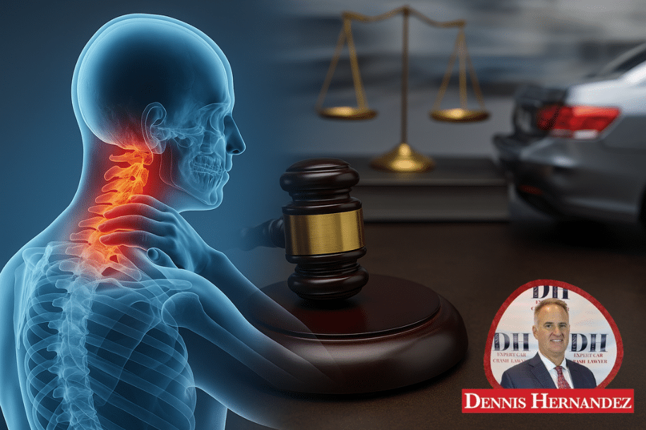 Digital illustration showing a highlighted neck injury, a judge's gavel, and a rear-end car crash.