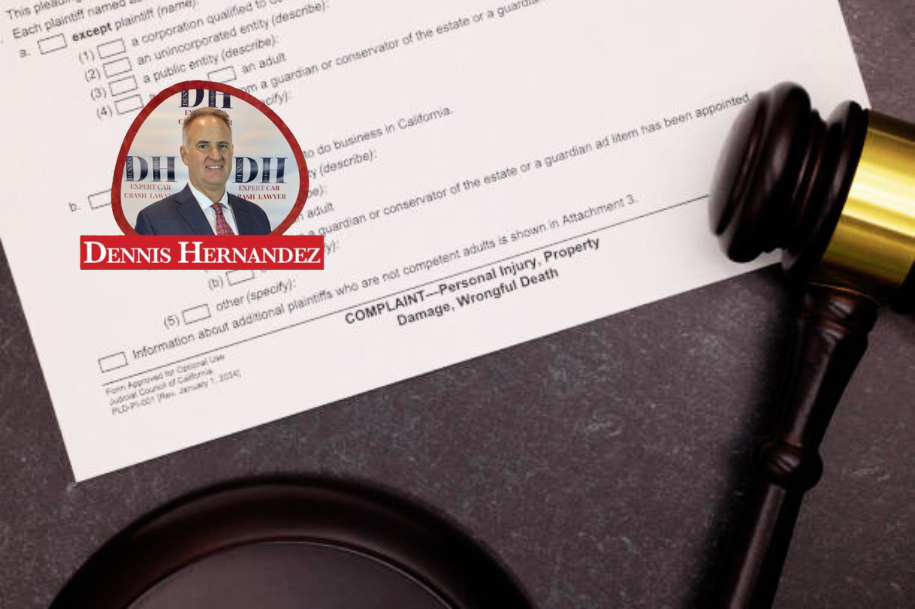 Close-up of a legal complaint form for personal injury, property damage, or wrongful death beside a gavel, with Dennis Hernandez branding.