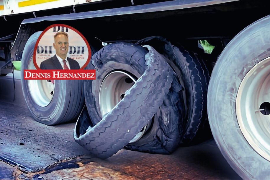 Close-up of severely worn and blown-out truck tires on a commercial trailer, highlighting potential safety hazards. Tractor-trailer tire blowout accident.