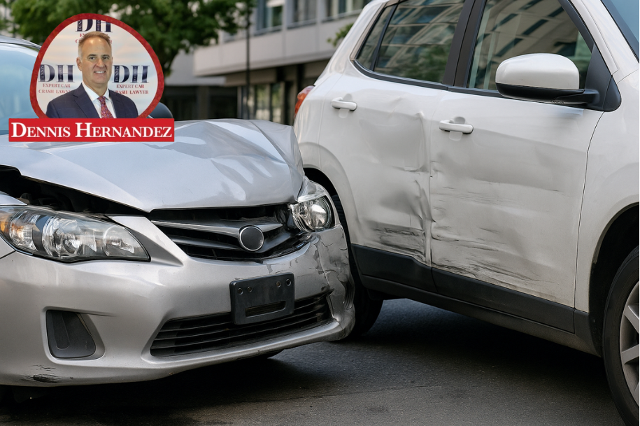 A silver rental car and white SUV after a side-impact crash on an urban street.