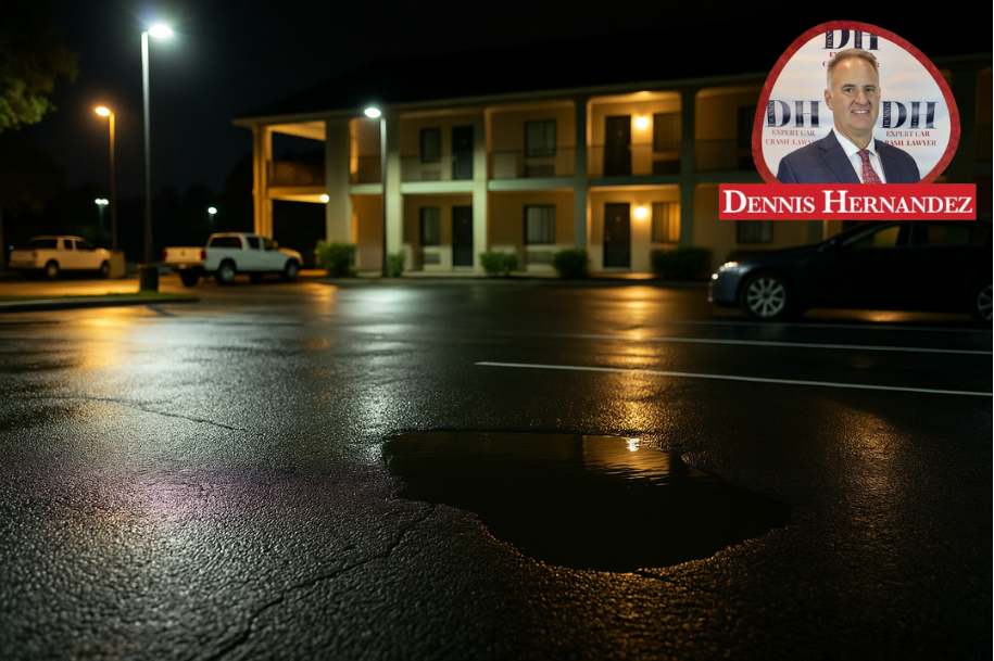 Dimly lit hotel parking lot at night with reflective puddles and visible parked cars.