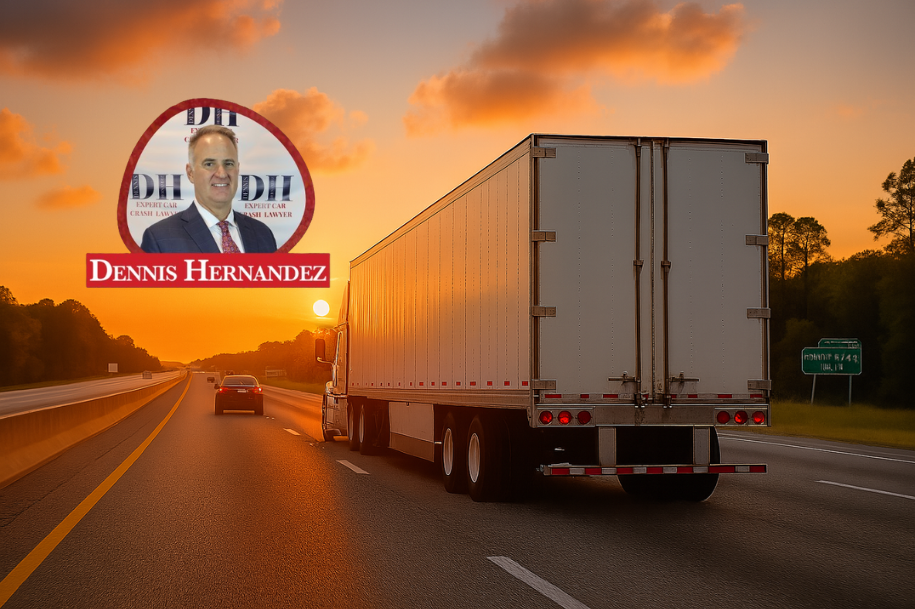 A commercial truck drives on a highway at sunset with Dennis Hernandez Injury Attorneys logo prominently displayed.