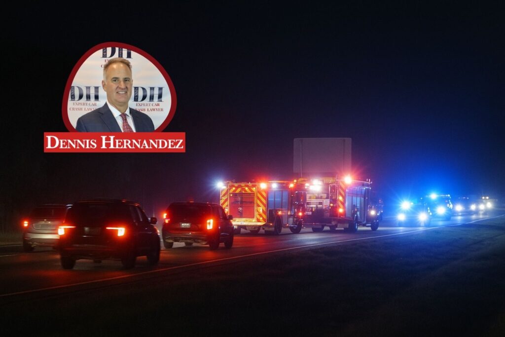 Emergency response vehicles and flashing lights at night following the Sarasota I-75 crash, used in a legal news update by Dennis Hernandez Injury Attorneys.