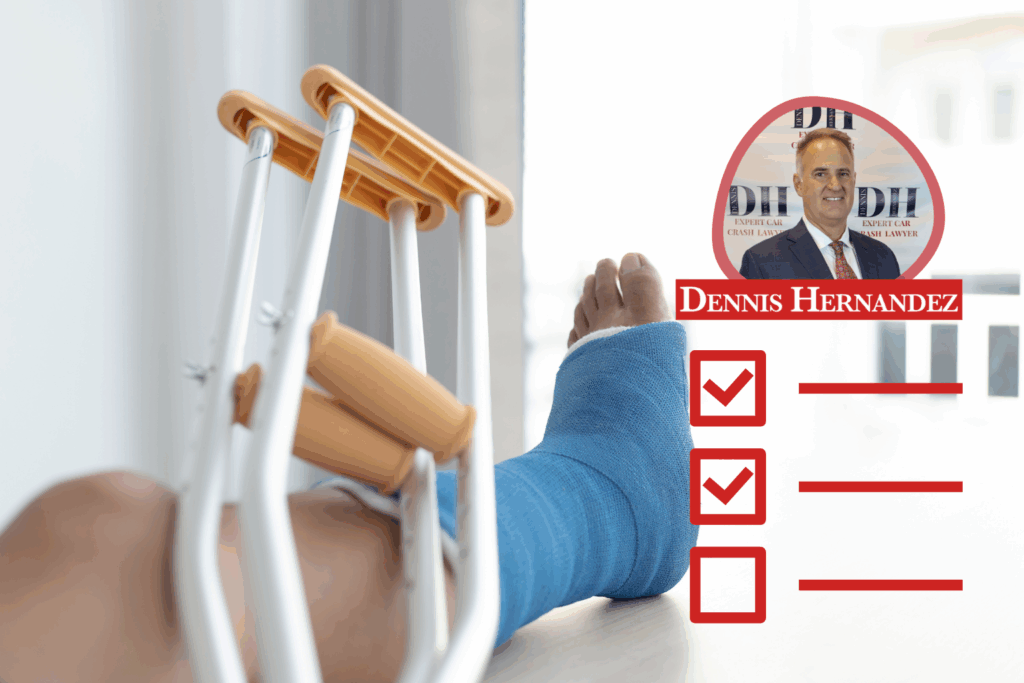 Injured person with leg cast and crutches beside checklist icons, symbolizing post-accident recovery guidance. Dennis Hernandez Injury Attorneys. autocuidado después de una lesión personal