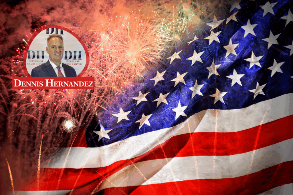 Dennis Hernandez Injury Attorneys Fourth of July tribute image featuring the American flag and fireworks, representing national pride and safety awareness during the holiday weekend in Florida. SPA Lesiones Comunes en Florida Durante el 4 de Julio