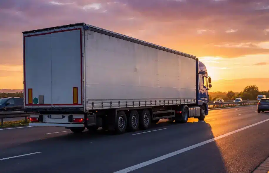 Commercial semi truck traveling on a highway, representing legal requirements and safety regulations governing trucking companies.