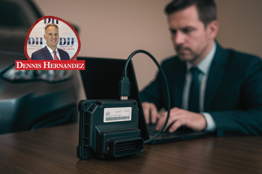 Man in suit analyzing crash data recorder on a laptop with Dennis Hernandez Injury Attorneys logo present.