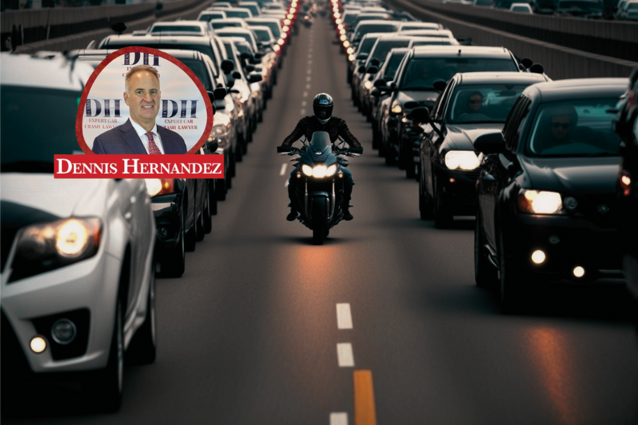 Motorcyclist riding between lanes of congested traffic on a highway with Dennis Hernandez Injury Attorneys logo in the corner.