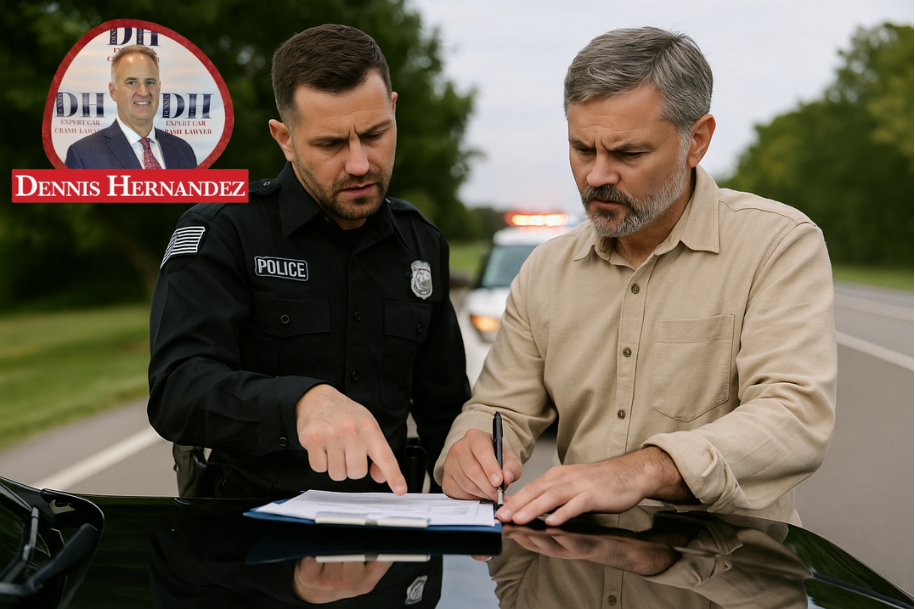 A police officer points at a report while a man signs paperwork on a car hood after an accident.