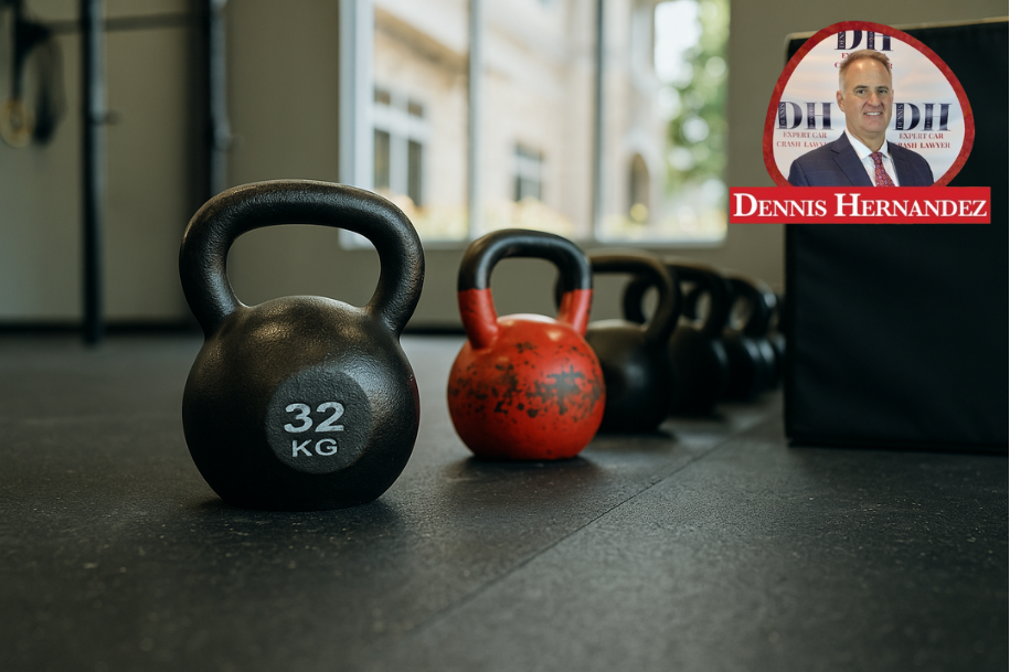 Kettlebells lined up on a gym floor near a training box.