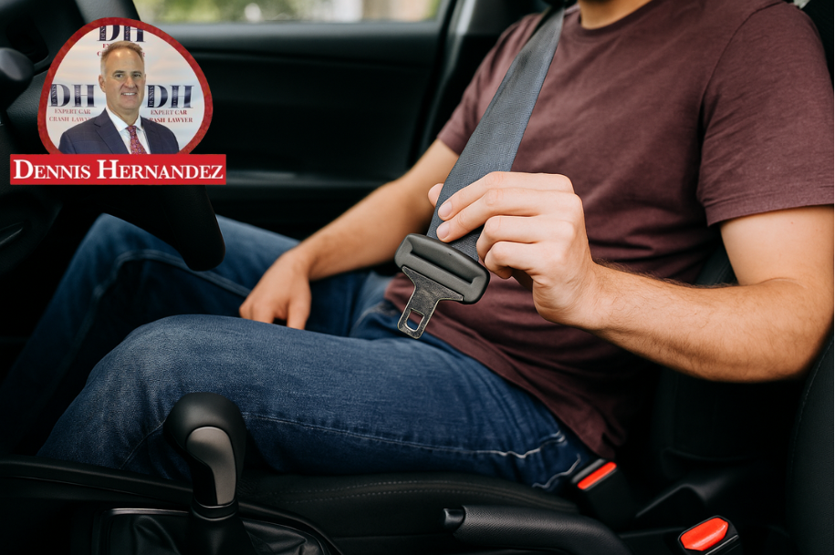 Broken seatbelt latch inside a car highlighting passenger safety risks.