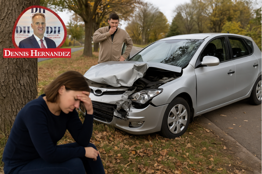 A woman sits distressed on the ground while a man surveys damage to a silver car that crashed into a tree on a rural road.