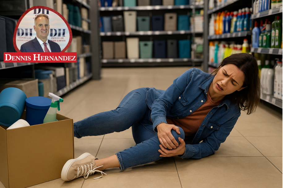 Injured woman sitting on retail store floor after merchandise accident