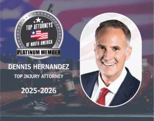 Portrait of attorney Dennis Hernandez with a "Top Attorneys of North America – Platinum Member" badge for 2025-2026, highlighting his recognition as a top injury attorney.