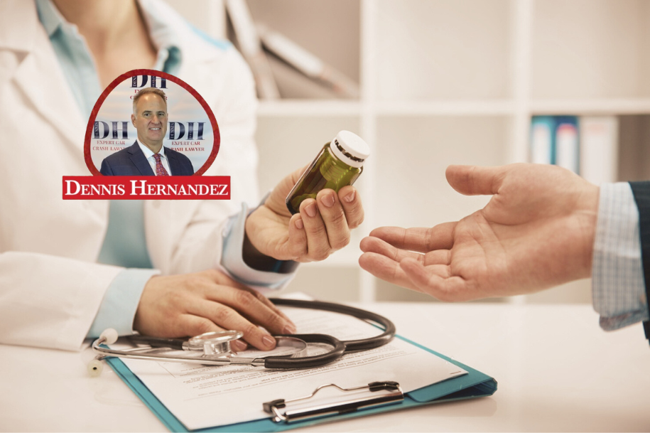 Doctor handing medication bottle to a patient at a consultation, with Dennis Hernandez Injury Attorneys logo.
