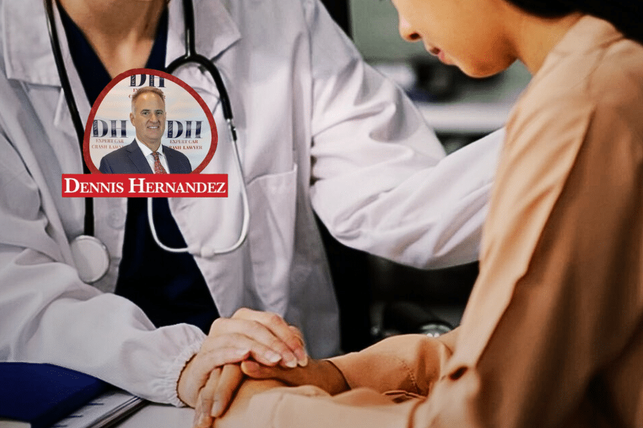 Doctor holding a patient’s hand in a supportive gesture during a medical consultation.