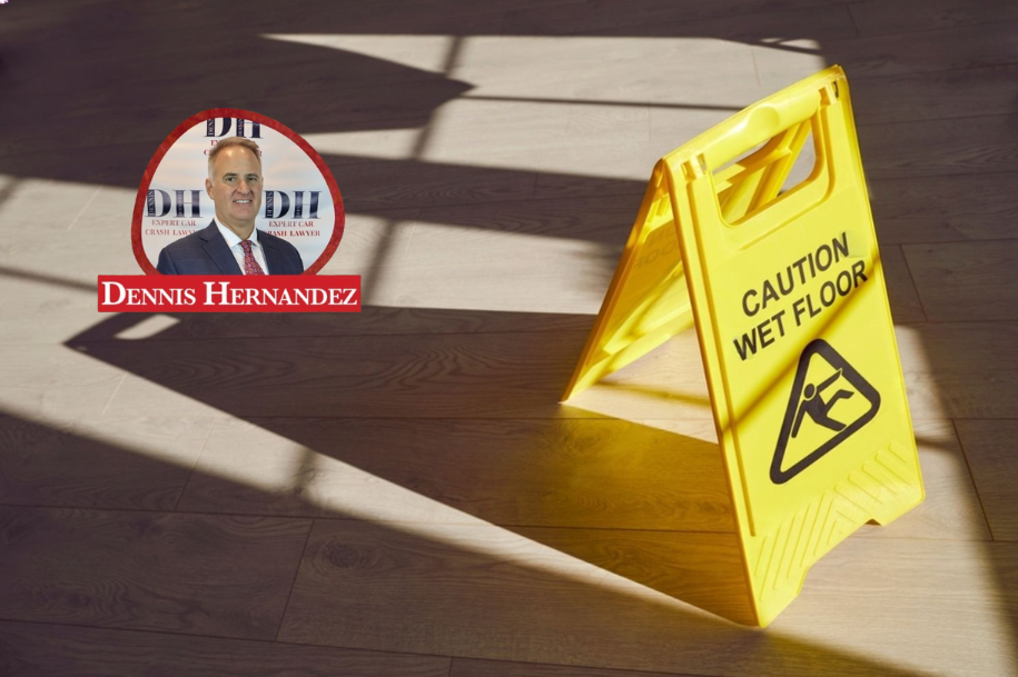 Yellow caution wet floor sign on wooden floor with Dennis Hernandez Injury Attorneys logo.