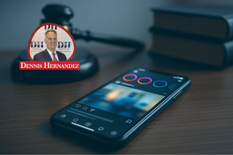 Smartphone showing a social media feed placed beside a judge’s gavel and law books, symbolizing the intersection between online activity and legal cases, with Dennis Hernandez Injury Attorneys logo overlayed.