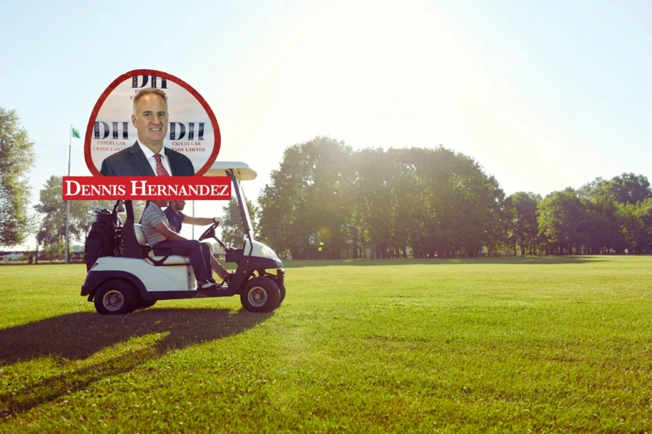 Golf cart driving across a sunny golf course with wide green fairway and trees in the background; law-firm branding badge in the corner.