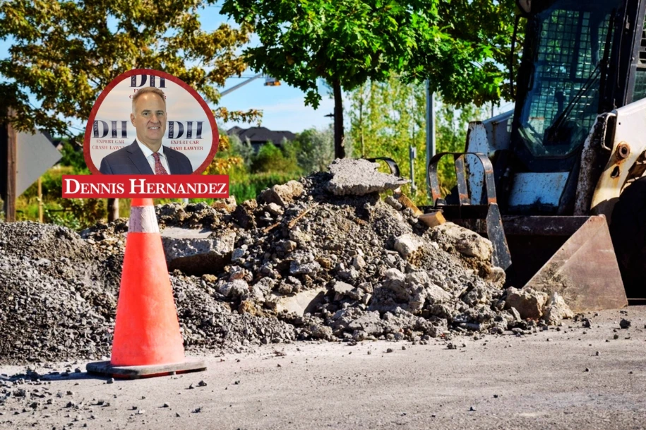 Road construction zone with heavy machinery, rubble, and a warning cone displaying Dennis Hernandez Injury Attorneys branding.